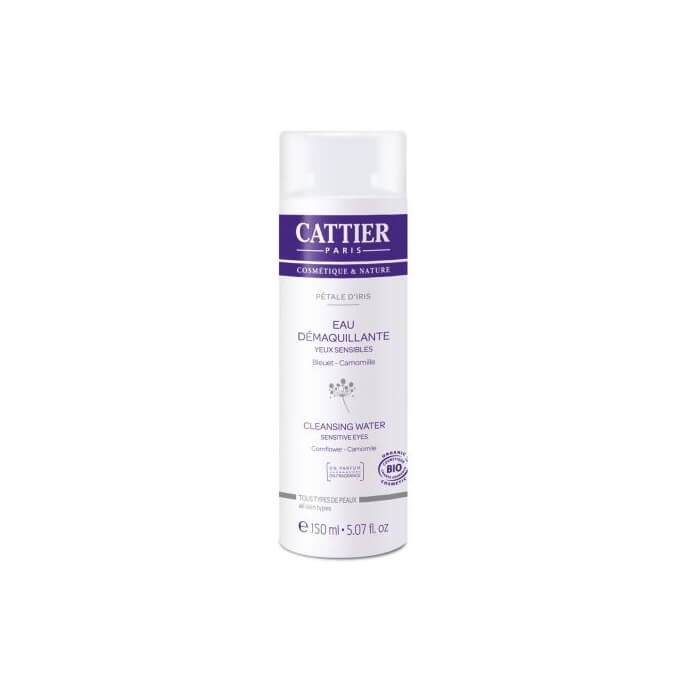 Eau démaquillante Pétale d’Iris de Cattier adaptée à tous les types de peau, conçue spécialement pour nettoyer et enlever le maquillage des yeux doucement sans dessécher votre peau.